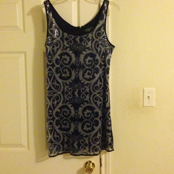Navy blue sequin front short sleeve party dress - Picture 1 of 3