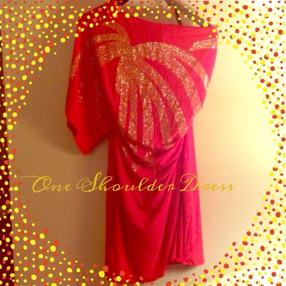 Dress one shoulder red with gold detail