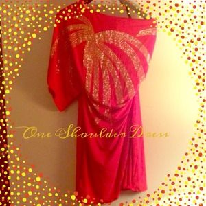 Dress one shoulder red with gold detail