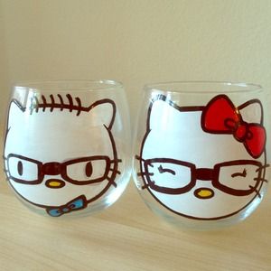 Nerd hello kitty set of stemless wine glasses