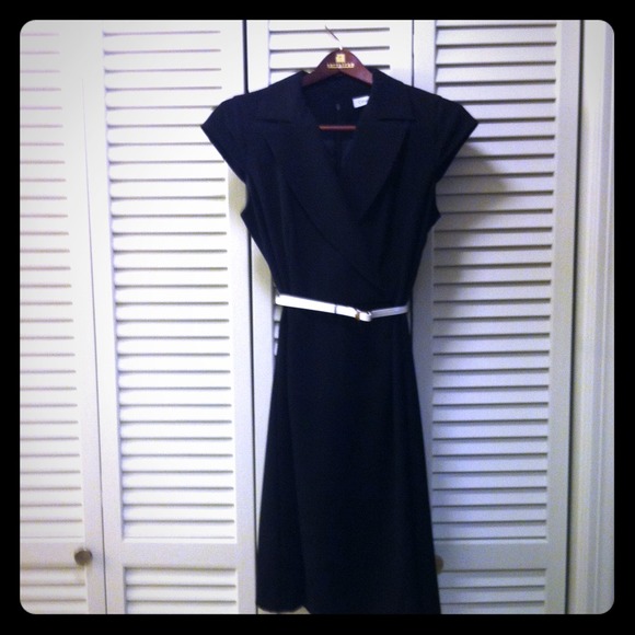 Black belted Calvin Klein cap sleeve dress