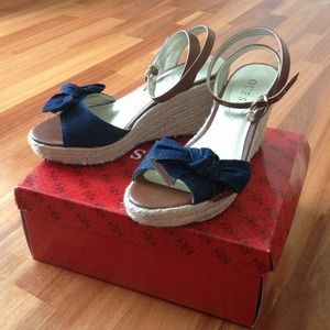 Blue multi fabric peep toe platform GUESS sandals