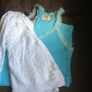 White cropped sweater with aqua blue tank