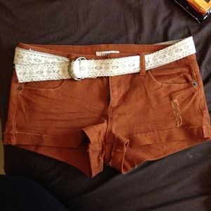 Brownish, semi ripped shorts with white belt