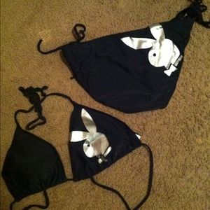 NWOT black playboy bikini with chrome bunny signs.