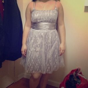 Gray dress with floral designs and silver sparkles