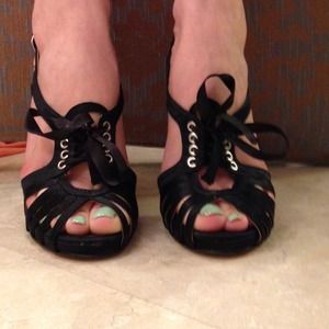 Bebe black satin super high heels with tie bow