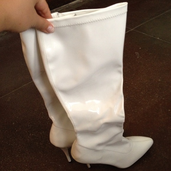 White pleather high heel boots