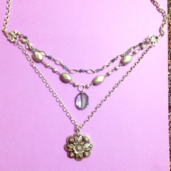 3 layer aqua and silver flower pendant necklace