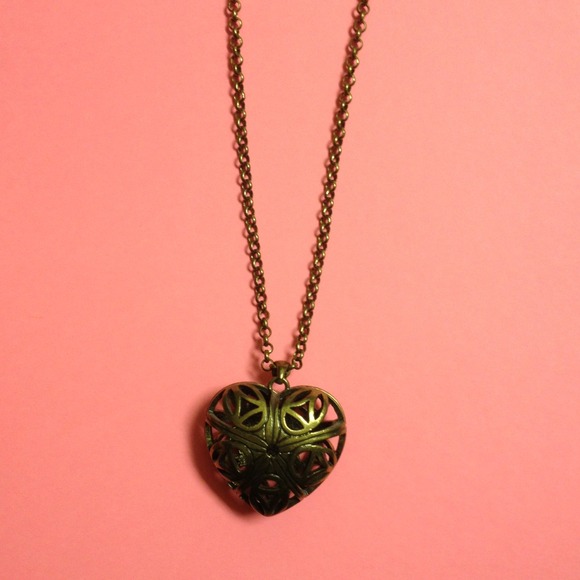 Long, brass, heart necklace