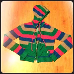 Striped, multicolored, knit hoodie - S