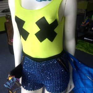 X mark the spot top and blue sequined shorts