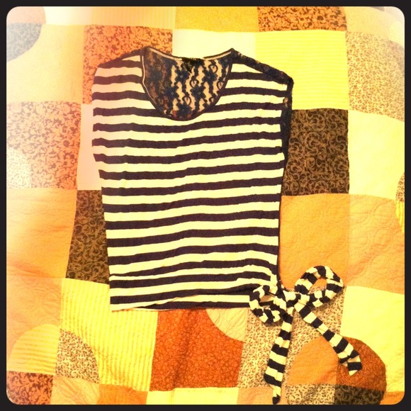 Navy and white striped tee with flower lace back!