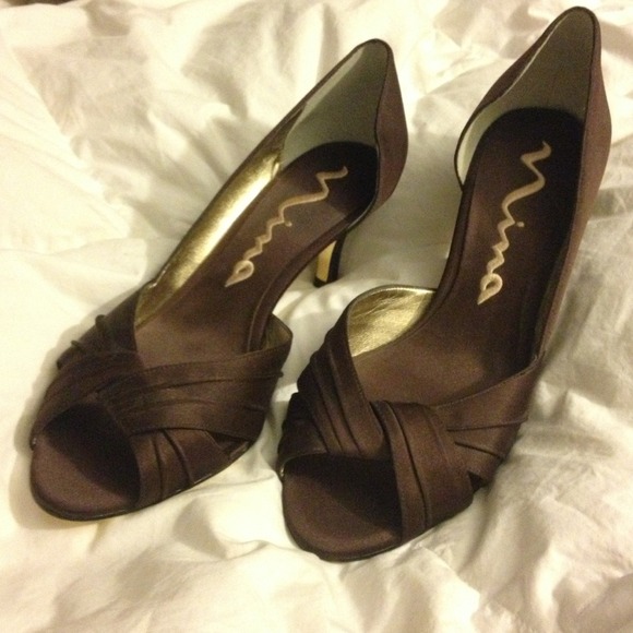 Nina 1" Chocolate Satin peep toe heels