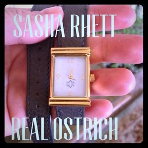 Sasha Rhett gold face watch with grey ostrich band