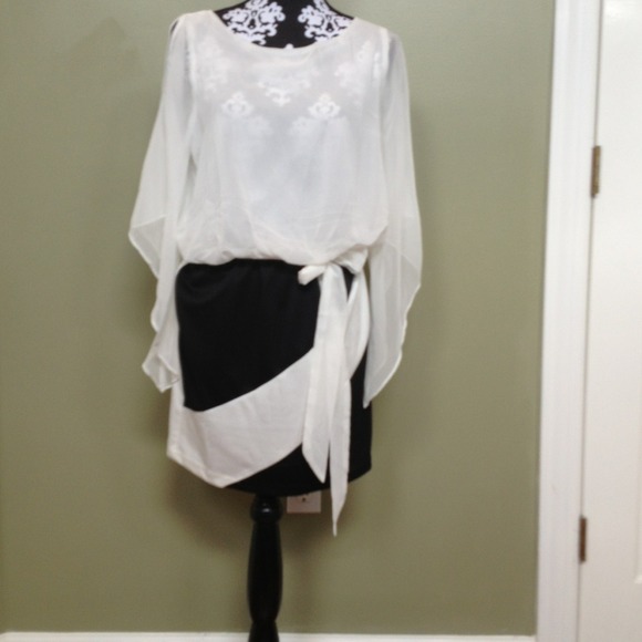 White and black chiffon slit-sleeve dress.  NWT - Picture 1 of 2