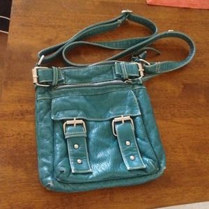 Teal leather sling purse