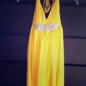 Canary yellow halter party dress.
