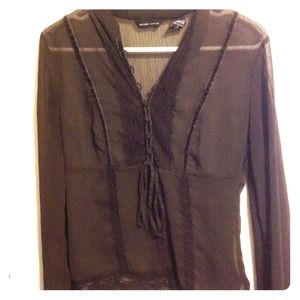 Brown sheer top with lace trim