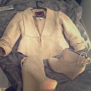 Camel blazer with matching bootie wedges.