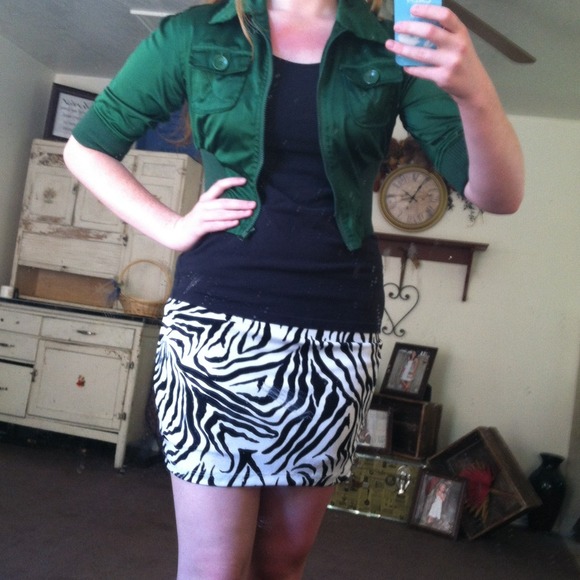 Black and white zebra skirt and green half jacket