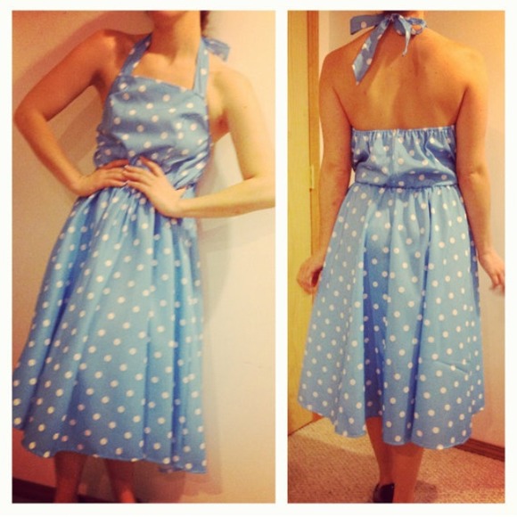 Vintage. Blue halter dress w/ white polka dots. XL