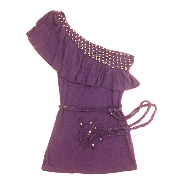 One-shoulder Studded Purple Top w/ Chain Rope Belt - Picture 1 of 3