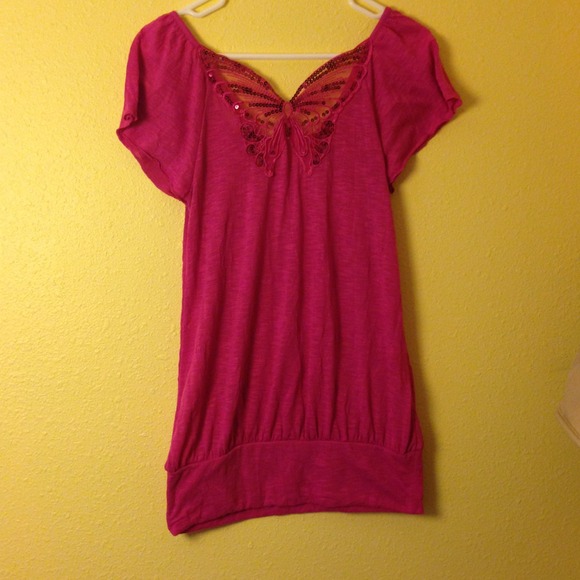 Pink sequin butterfly top with flutter sleeves