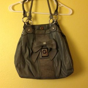 Gray faux leather purse with bow by g by guess