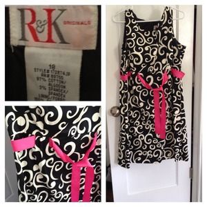 Cute Black & Cream Print Dress with Hot Pink Belt