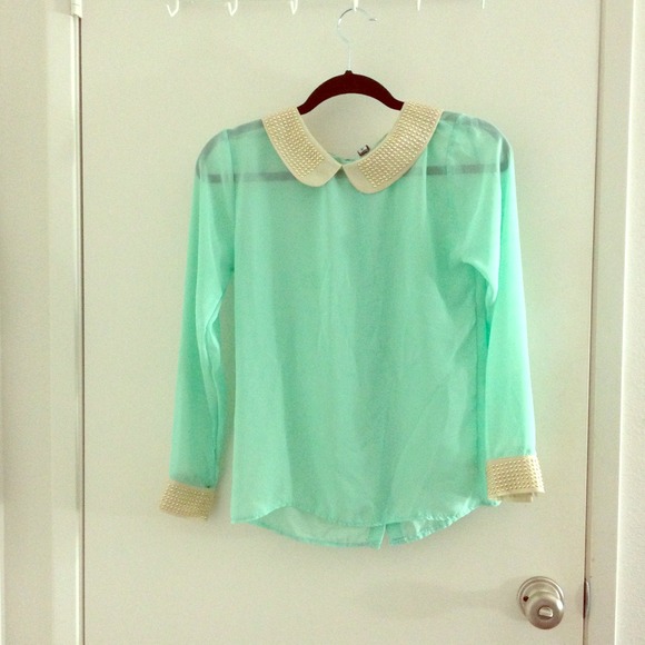 Mint studded collar & cuffs chiffon blouse - Used