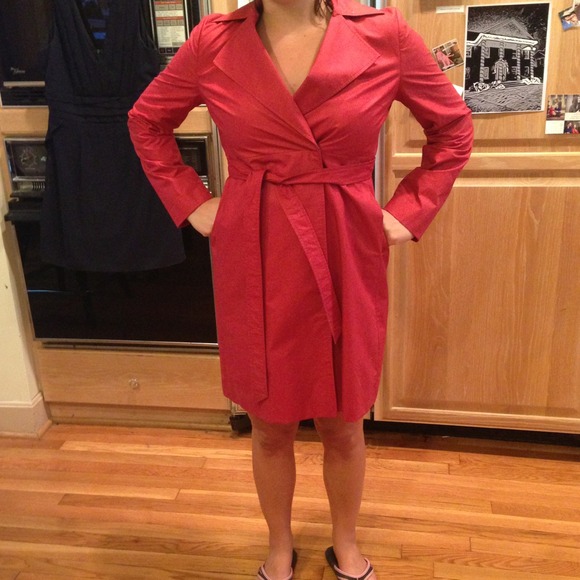 Red trench coat double breasted tomato color