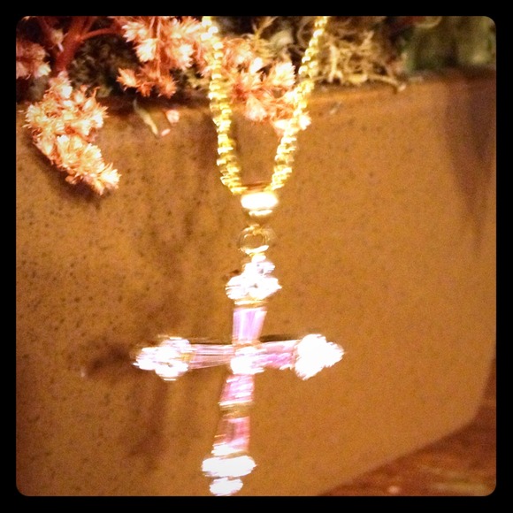 PRICE DROP Pink Sapphire and CZ Cross Necklace - Picture 1 of 2