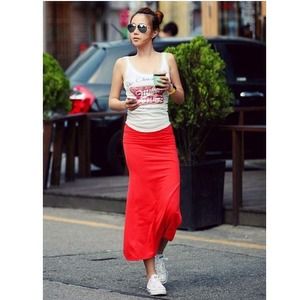 Solid Color Side Slit Maxi Dress - Red