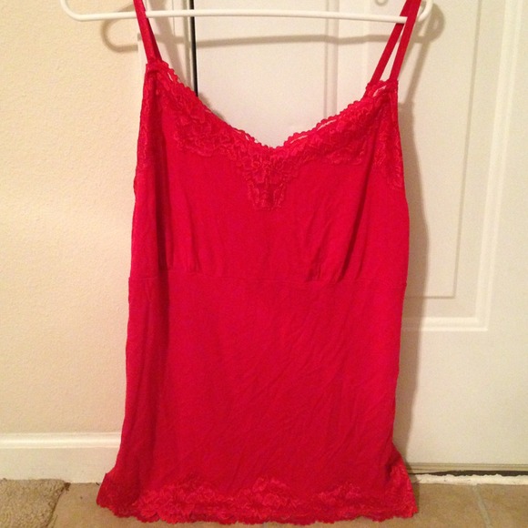 Red tank top with lace on the top and bottom