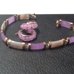 Gold lavender jade bracelet and earrings