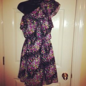 One shoulder black floral print dress