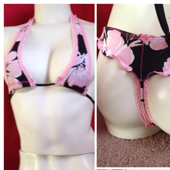 Black & pink floral thong bikini size extra small