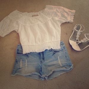 White eyelet off the shoulder cotton blouse