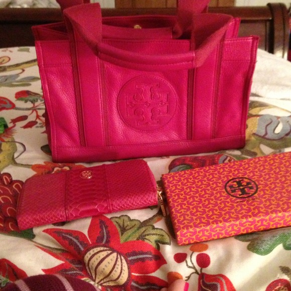 Tory Burch Leather Tote and Wallet in Hot Pink