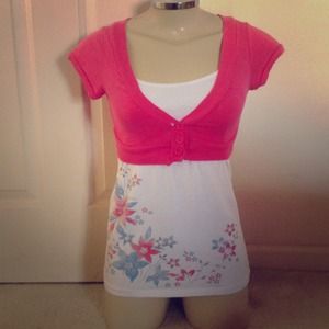 Coral & blue tanktop w short sleeve coral cardigan