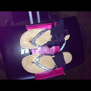 Black ankle tie silver crystal thong sandals