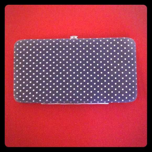 Navy and white polka dot wallet