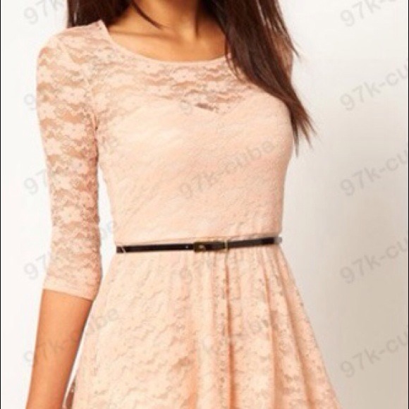 3/4 sleeve lace mini dress ( beige color ) - Picture 2 of 3