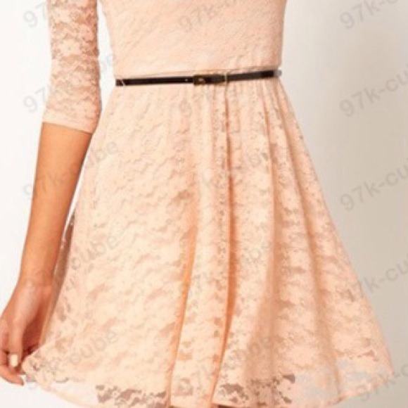 3/4 sleeve lace mini dress ( beige color ) - Picture 3 of 3