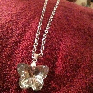 Glass butterfly necklace with silver long  chain