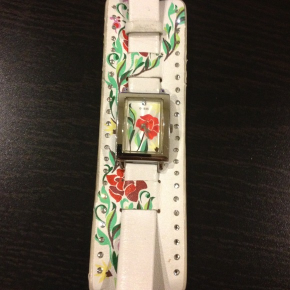 Guess leather watch w/ rhinestones & painted roses