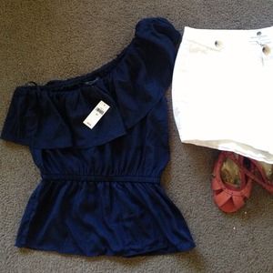 One shoulder silk navy blue top size XS