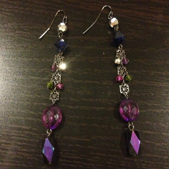 Silver and purple long dangly earrings
