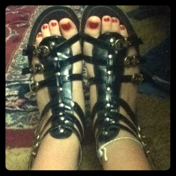 Black Gladiator Sandals with Gold Buckles